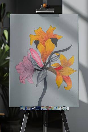 pink and orange flowers with a black stem and grey background.