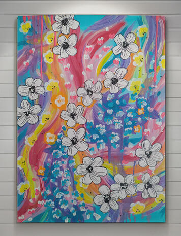 rainbow abstract with black and white flowers.