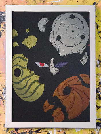 Obito's 3 mask's breaking around his eyes surrounded by black.