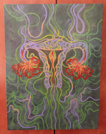 a purple,green and red line drawing pf the female overy.
